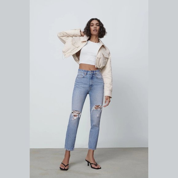 Zara Denim - Zara Ripped Mom Fit Jeans in Light-Medium Blue Wash NWT